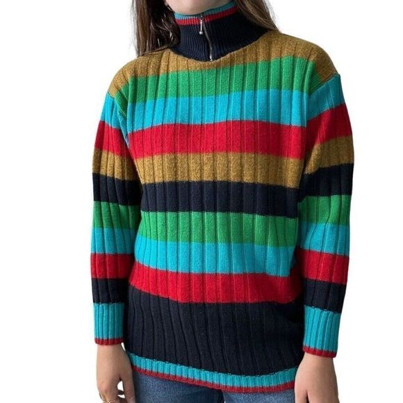 Vintage 1980s Mondi Rainbow Striped Wool Quarter Zip Ski Sweater West Germany - Picture 4 of 9